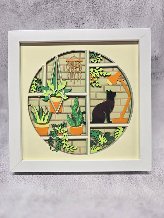 Boho office cat shadow box