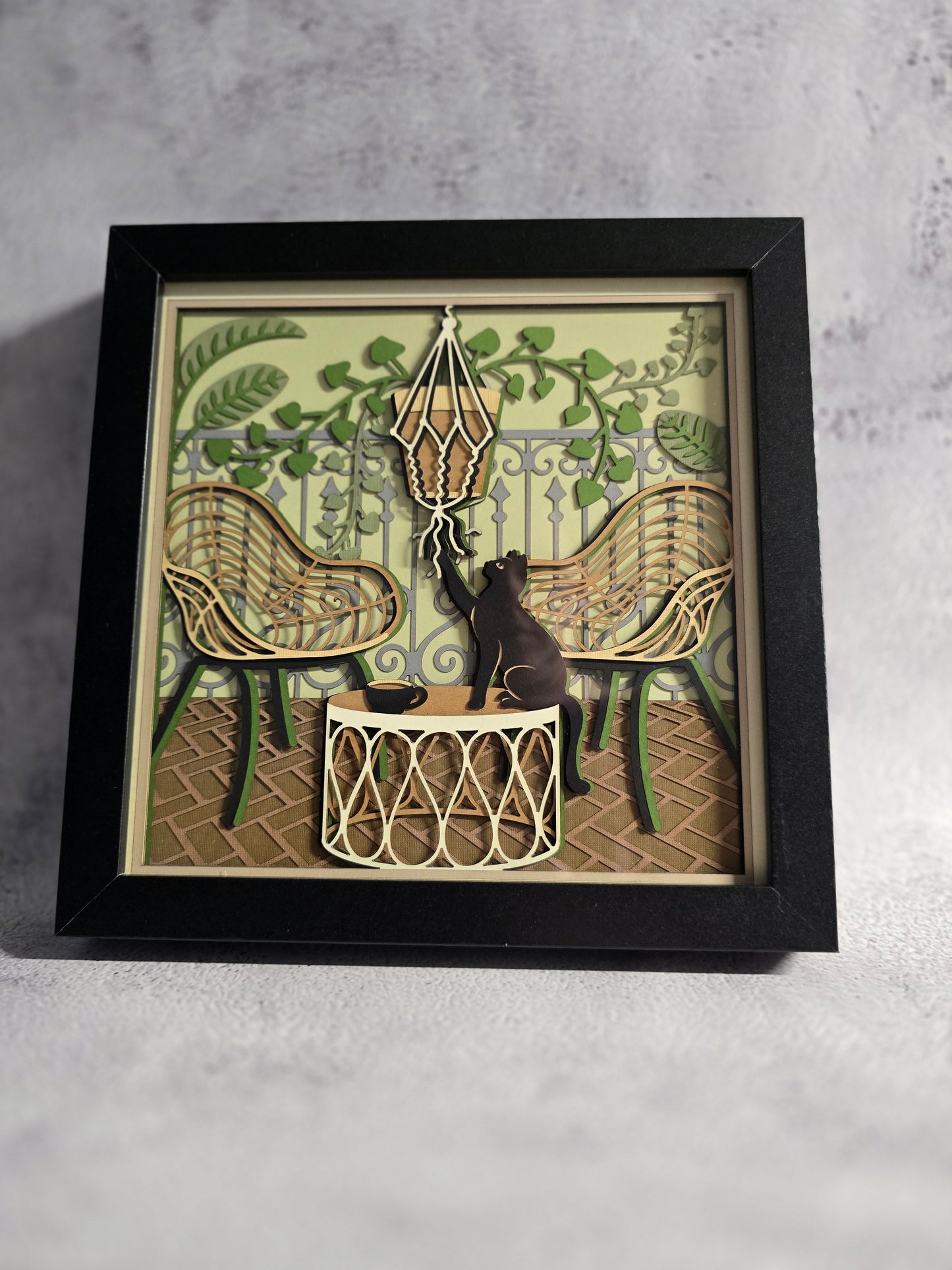 Cat on patio Shadow box