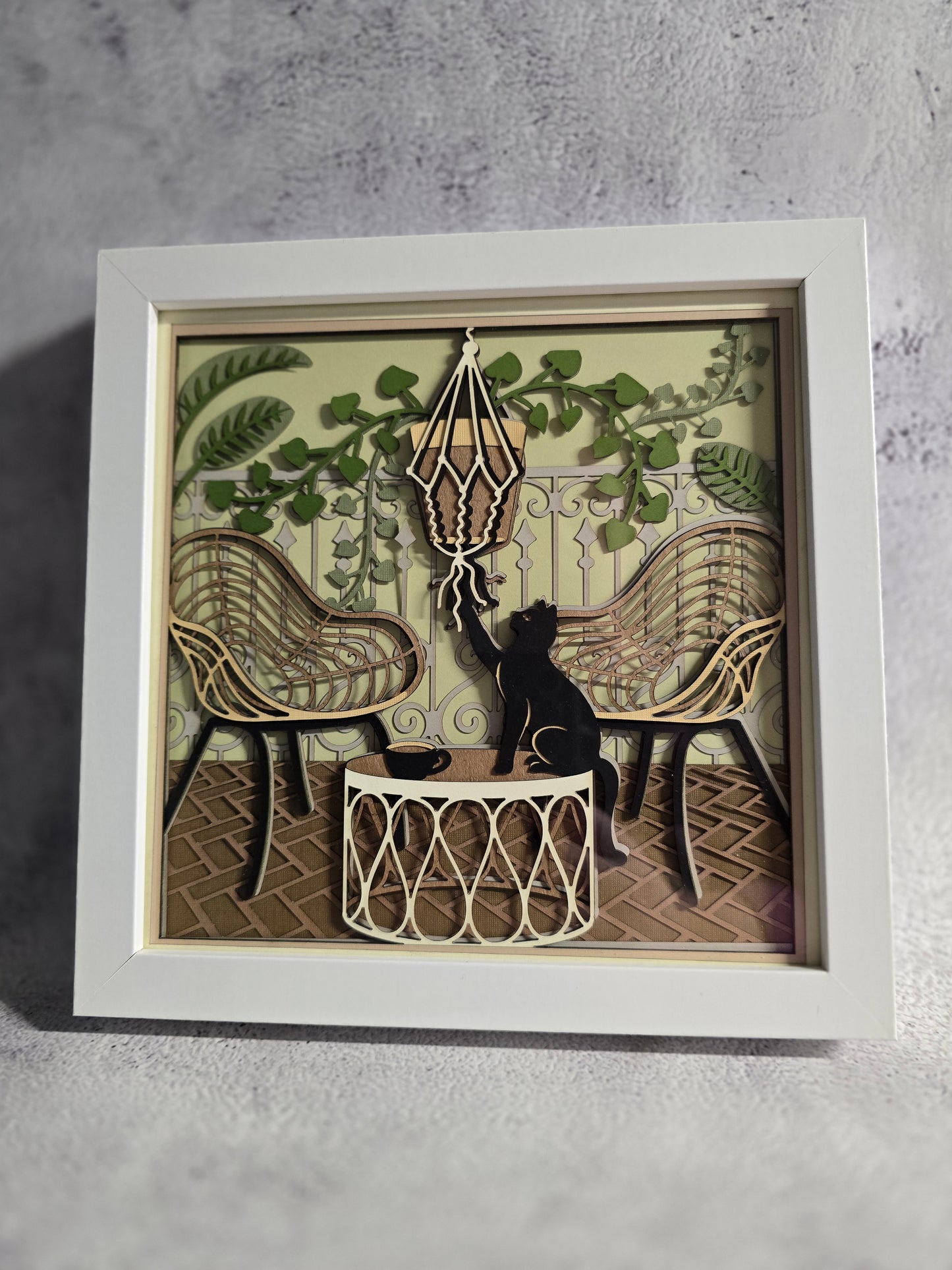 Cat on patio Shadow box