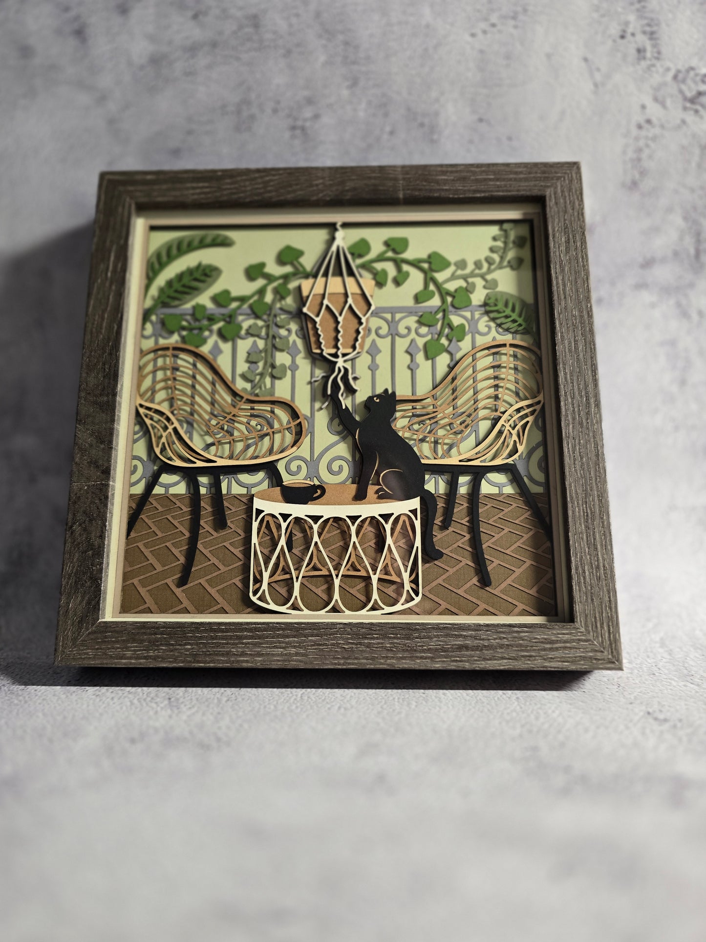 Cat on patio Shadow box