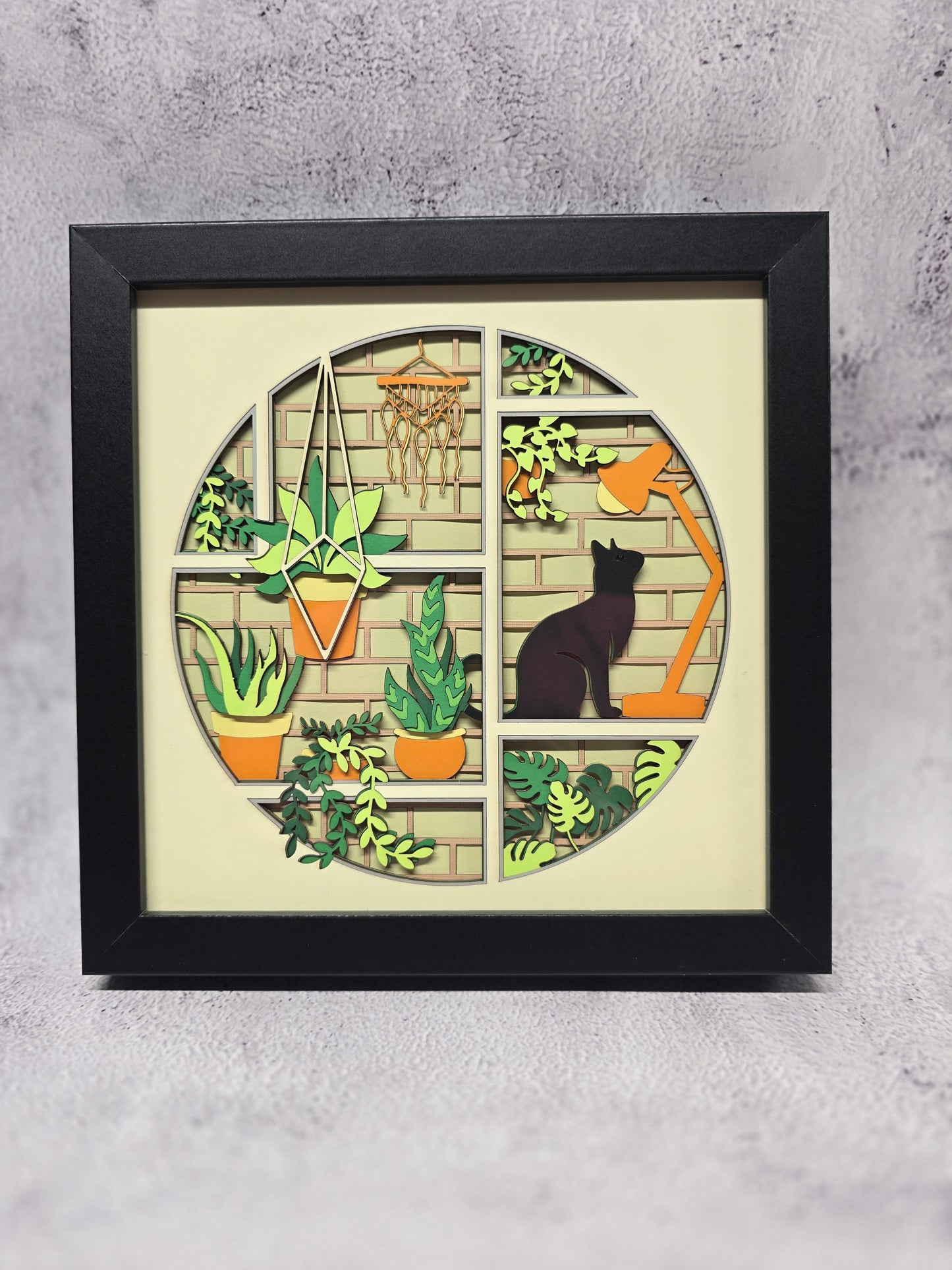Boho office cat shadow box