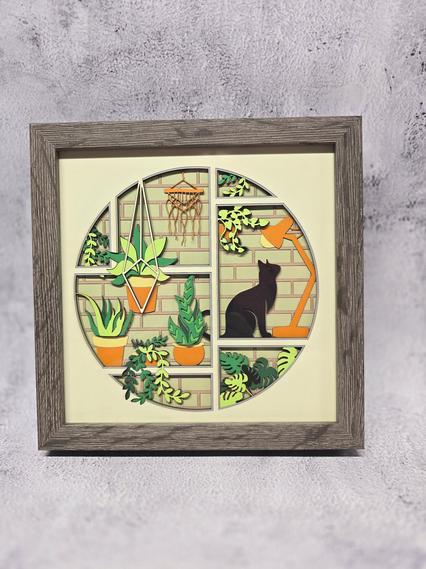 Boho office cat shadow box