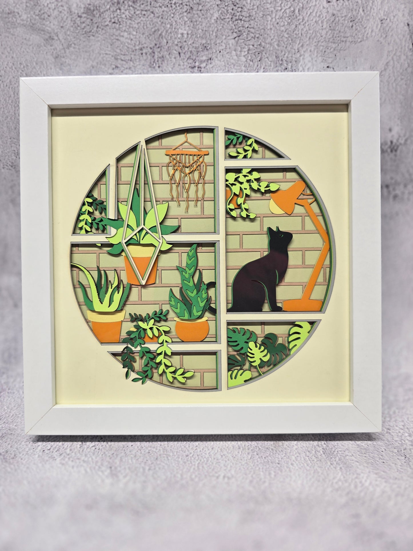 Boho office cat shadow box